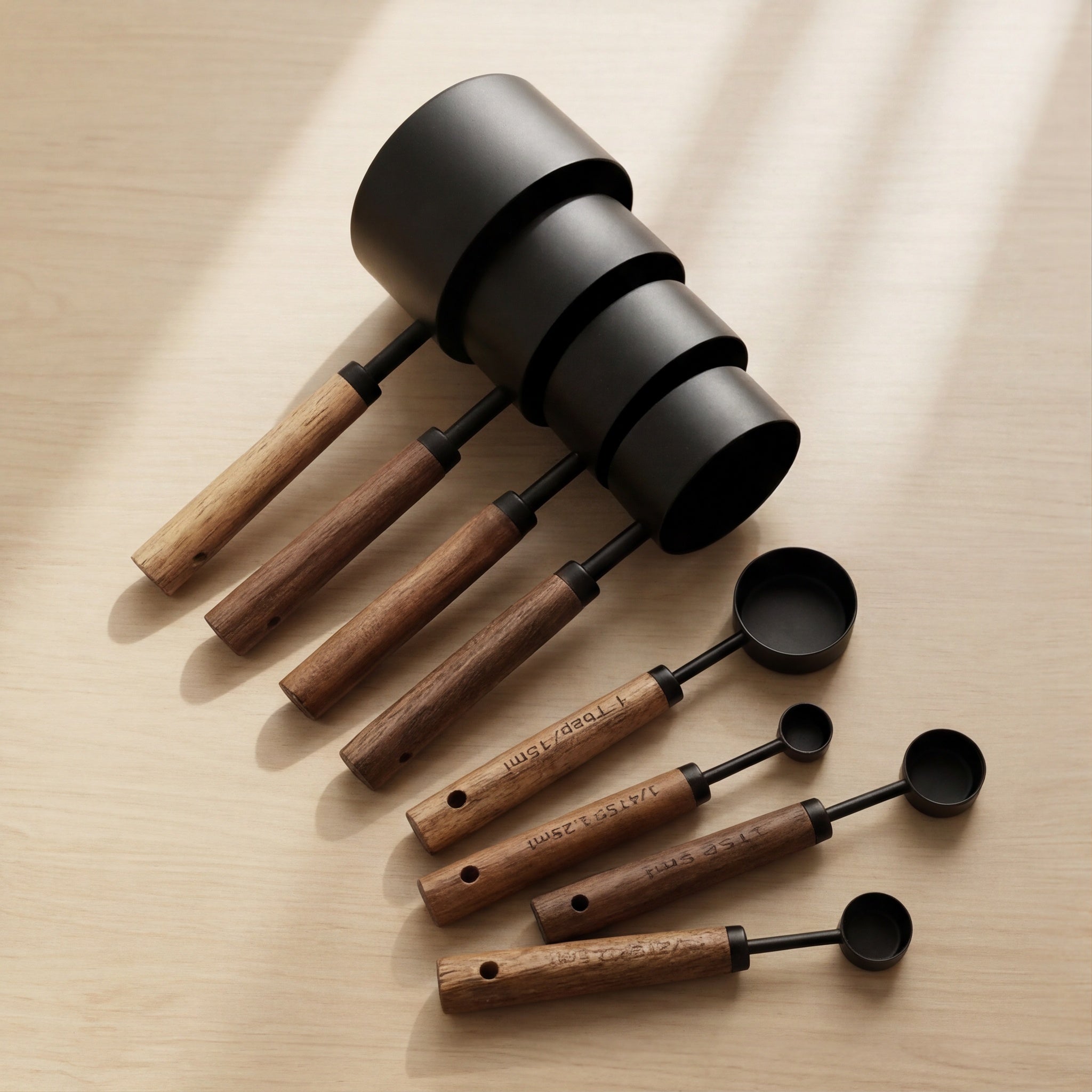 The Measure Set — Black Stainless Steel with Walnut Handles
