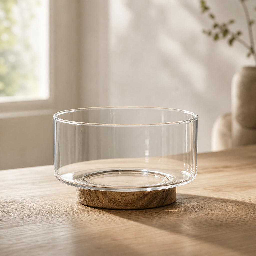 The Glass Bowl — Fruit & Serving Bowl with Acacia Wood Base