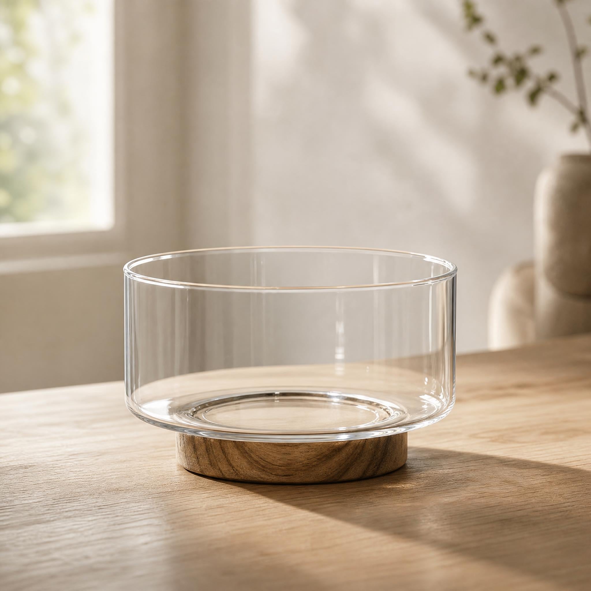 The Glass Bowl — Fruit & Serving Bowl with Acacia Wood Base
