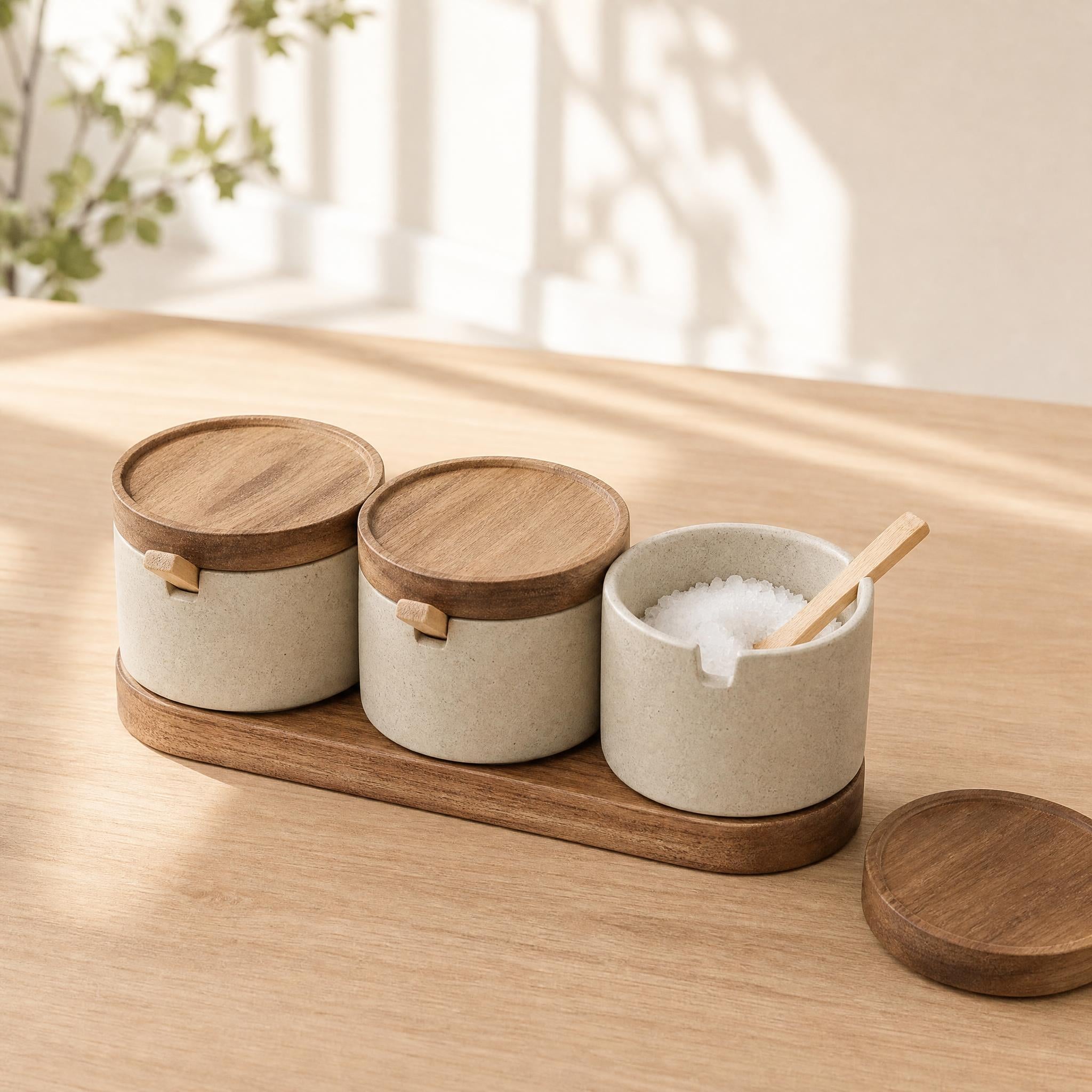 The Ceramic Set — Stoneware Seasoning Pots with Acacia Wood Tray