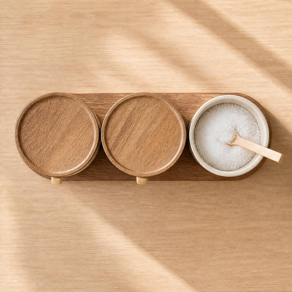 The Ceramic Set — Stoneware Seasoning Pots with Acacia Wood Tray