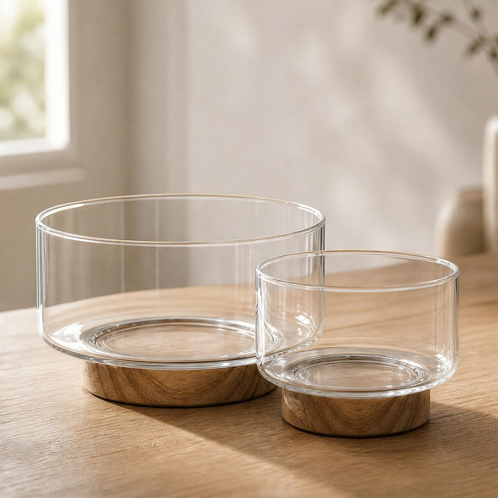 The Glass Bowl — Fruit & Serving Bowl with Acacia Wood Base