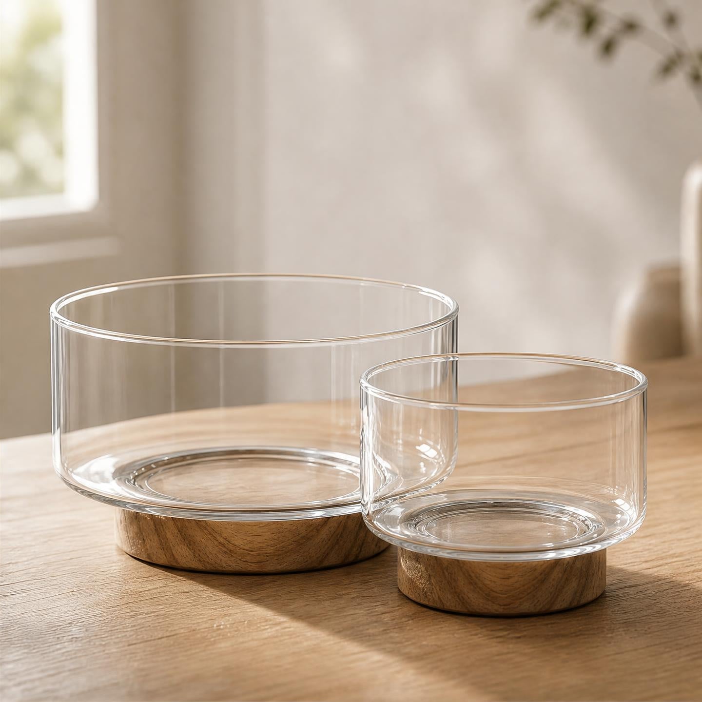 The Glass Bowl — Fruit & Serving Bowl with Acacia Wood Base