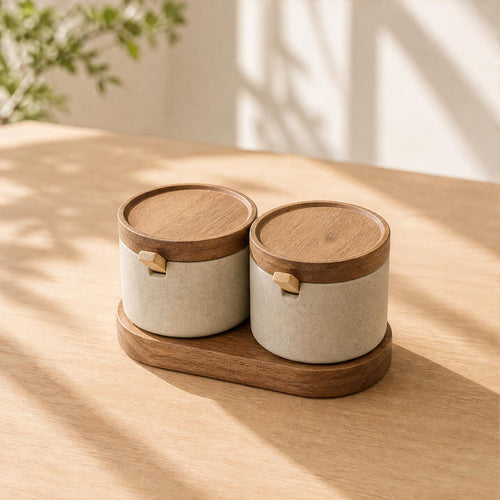 The Ceramic Set — Stoneware Seasoning Pots with Acacia Wood Tray