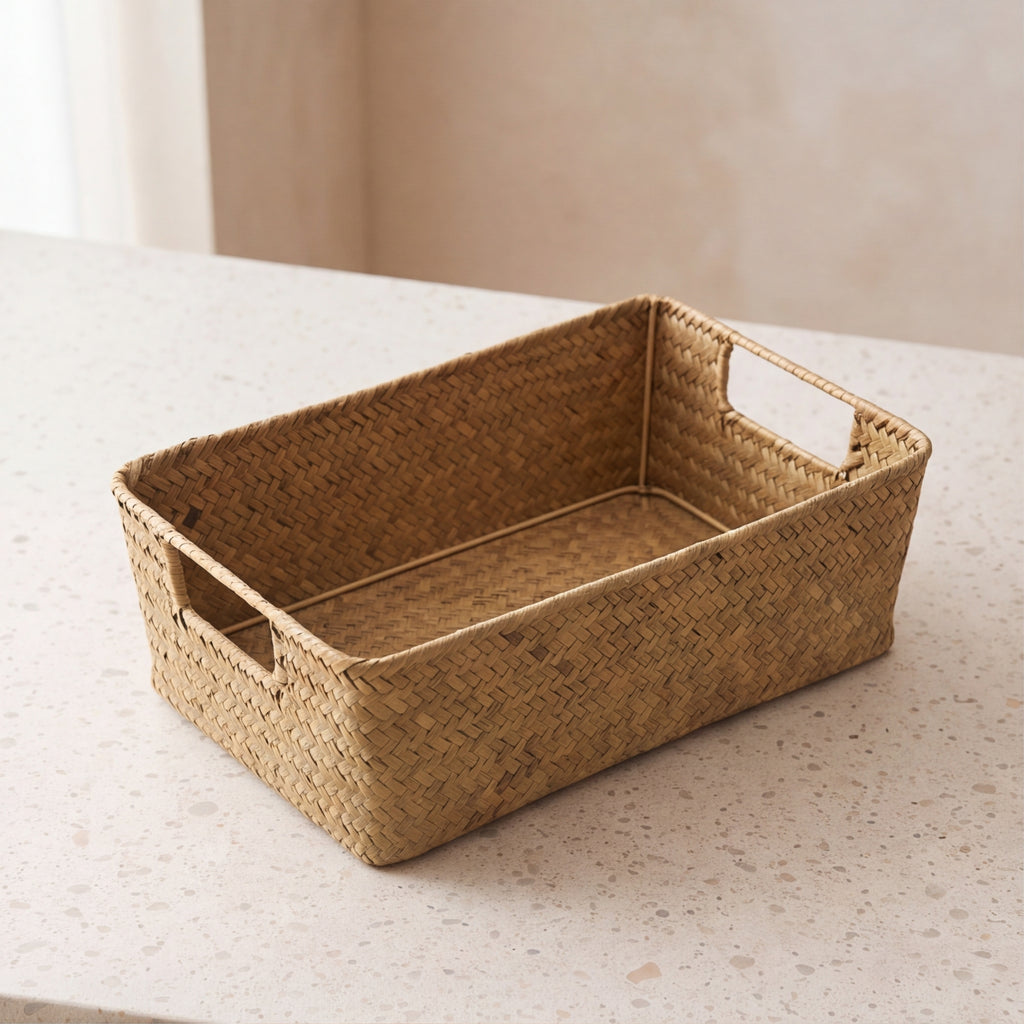 Empty woven straw bread basket showing its cut-out handles