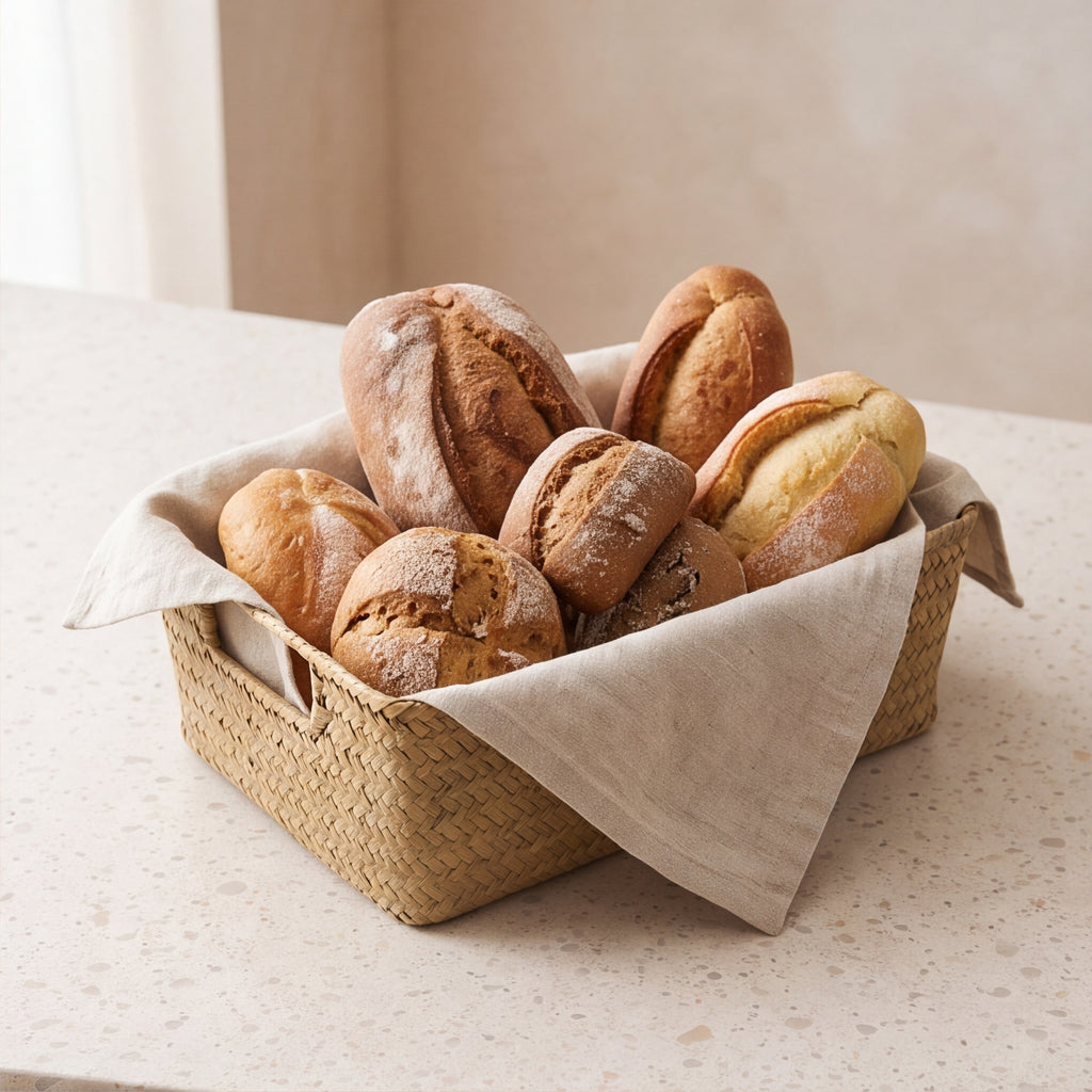 Woven straw basket lined with a linen napkin and filled with fresh bread