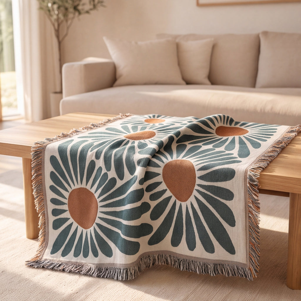 Daisy print throw draped across a wooden coffee table in a bright living room