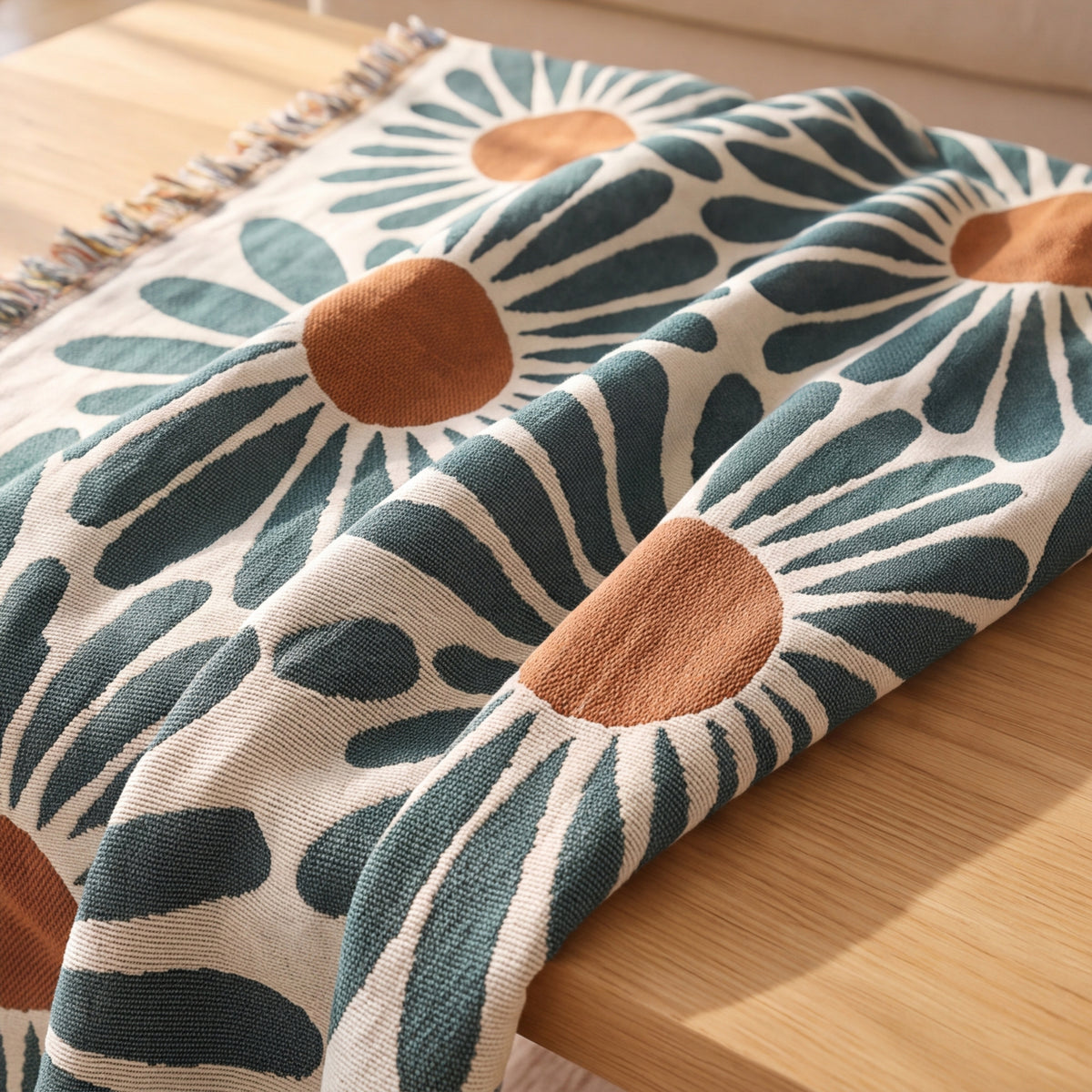 Folded daisy print throw showing the green petals and rust centers