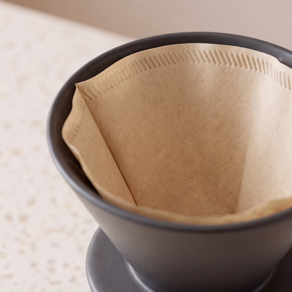 Close-up of a paper filter inside a black pour-over dripper