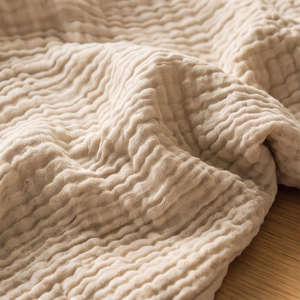 Close-up of the Oat Gauze Blanket showing its soft, crinkled cotton muslin gauze texture