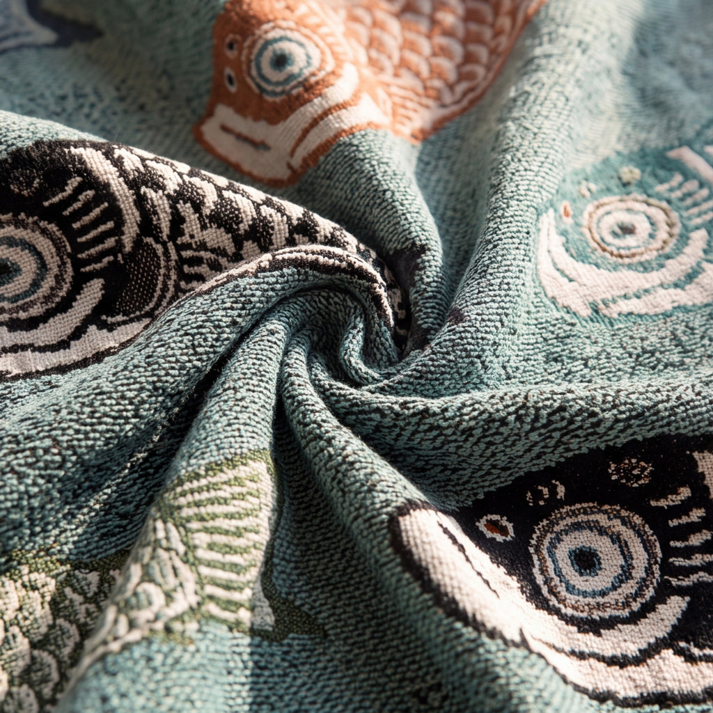 Close-up of the koi throw gathered to show the koi pattern and texture