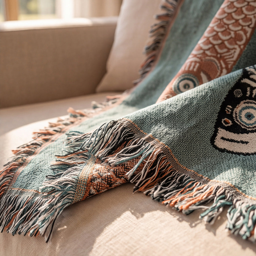 Fringed edge of the koi throw resting on the sofa