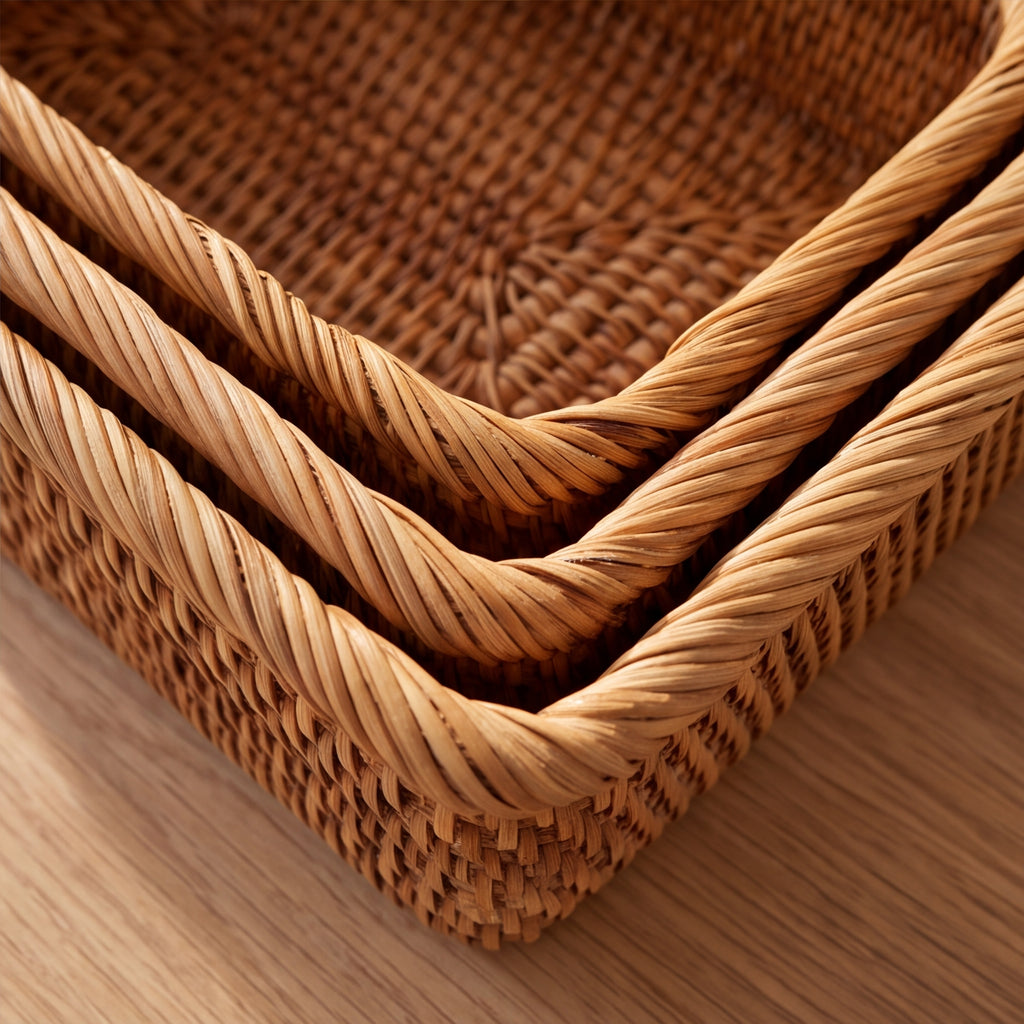 Rattan nesting trays side by side