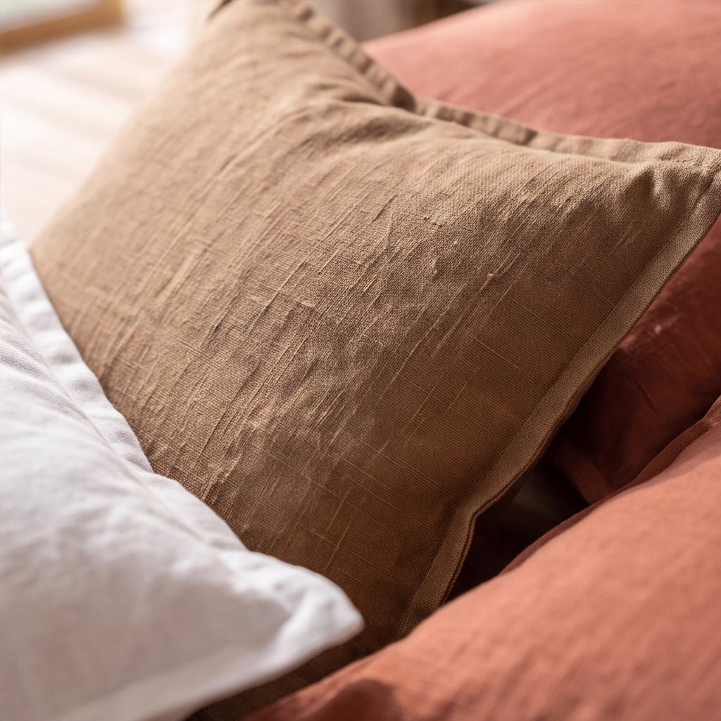 Close-up of the Coffee linen-cotton pillow cover showing its earthy brown color and textured weave