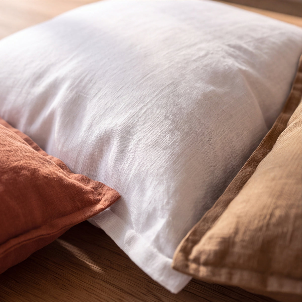 Close-up of the White linen-cotton pillow cover showing its soft, natural texture
