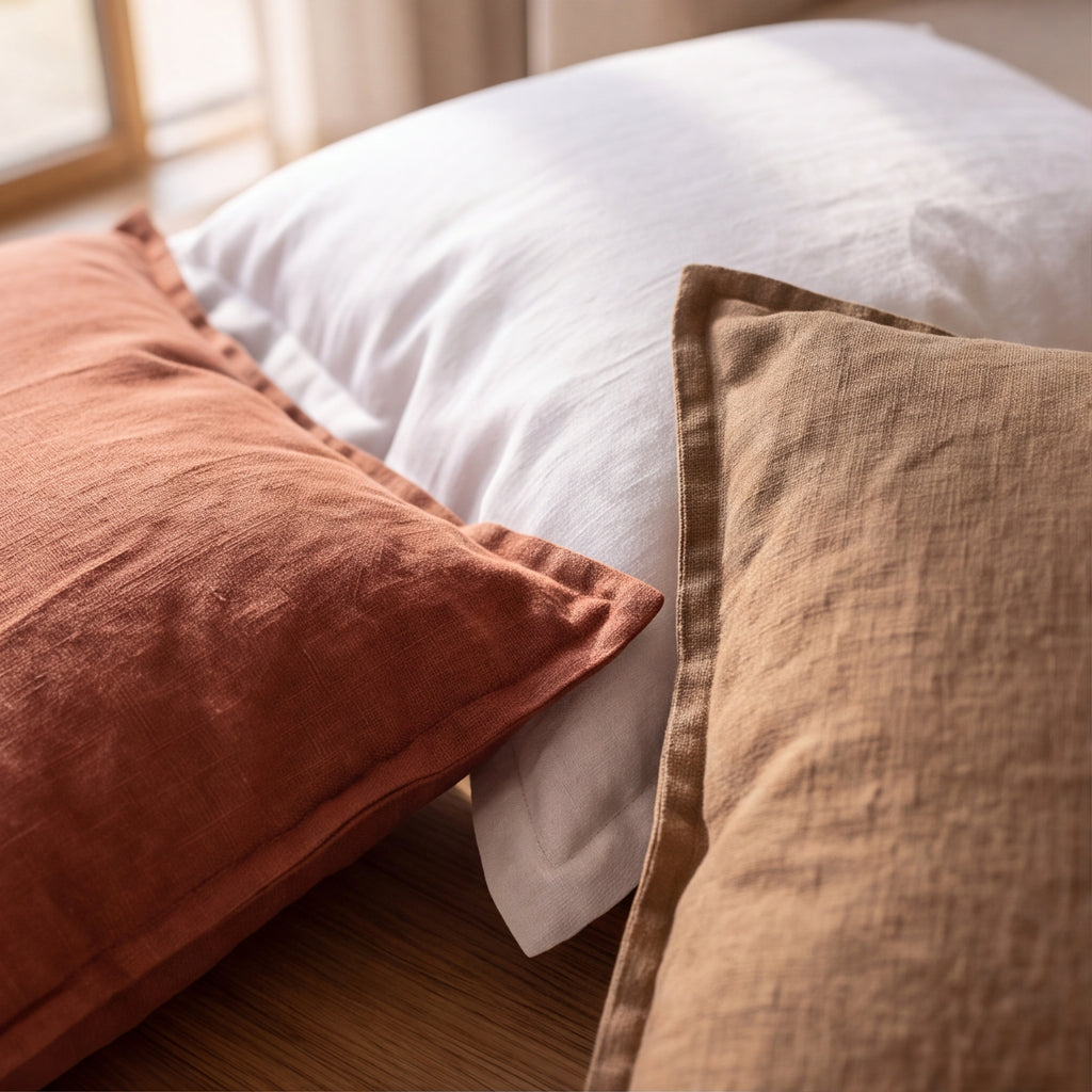 Terracotta, White and Coffee linen-cotton pillow covers layered together on a wood surface