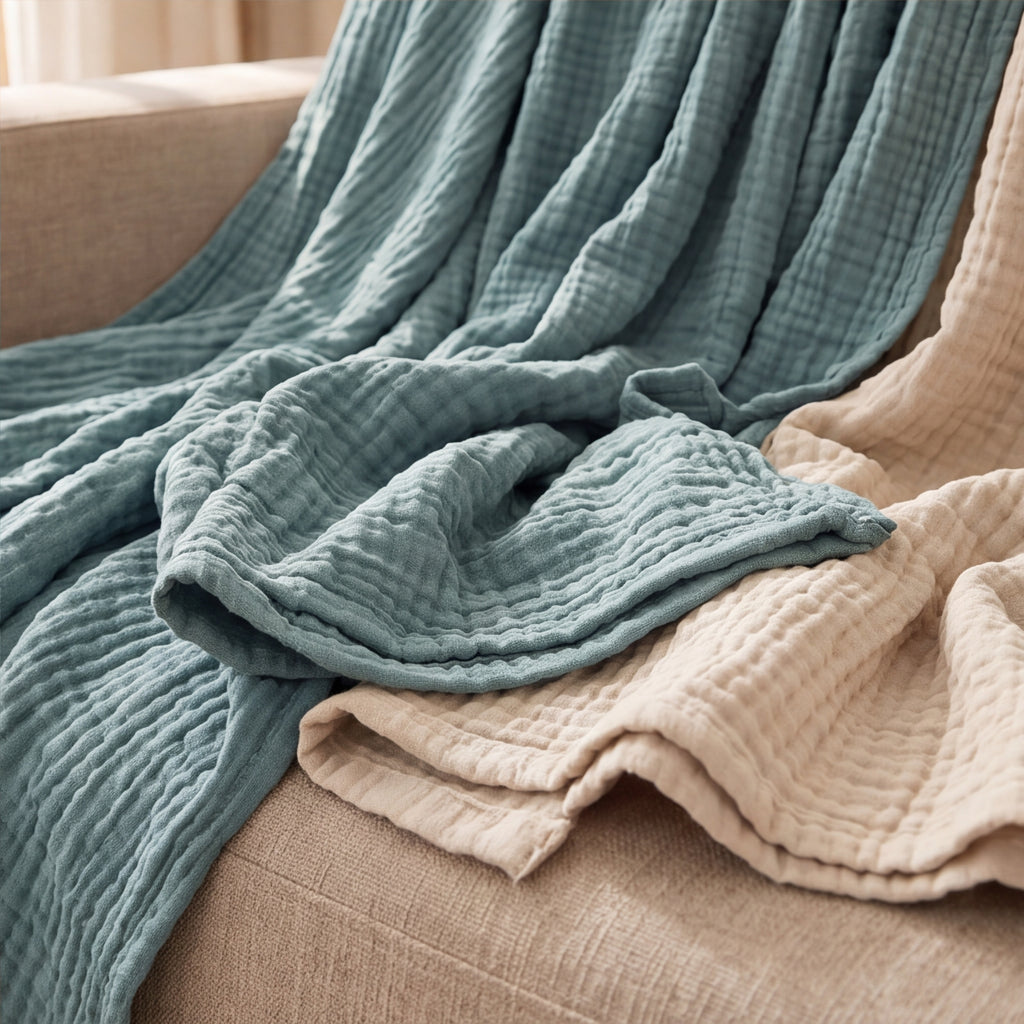 The Gauze Blanket in Sea Glass and Oat, two oversized cotton muslin blankets draped across a linen sofa