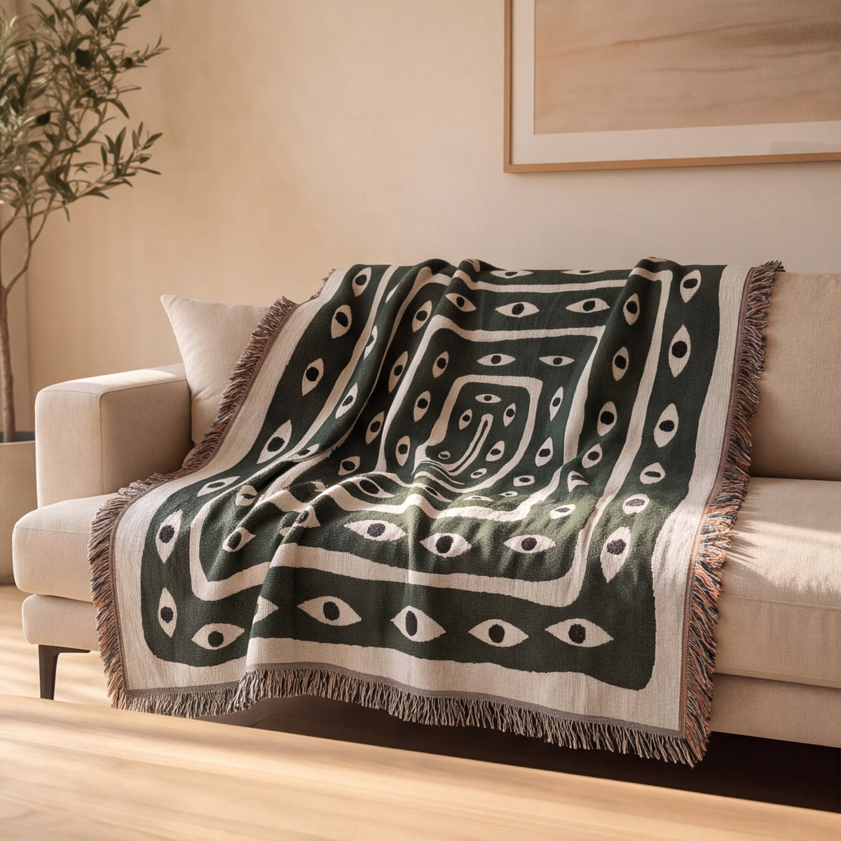 The Labyrinth Throw, a dark green and cream graphic print throw with fringed edges, draped over a cream sofa