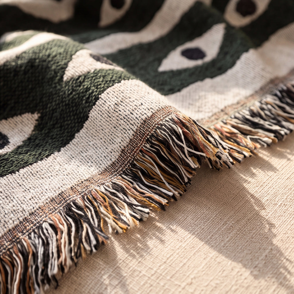 Close-up of the fringed edge of The Labyrinth Throw resting on a linen sofa