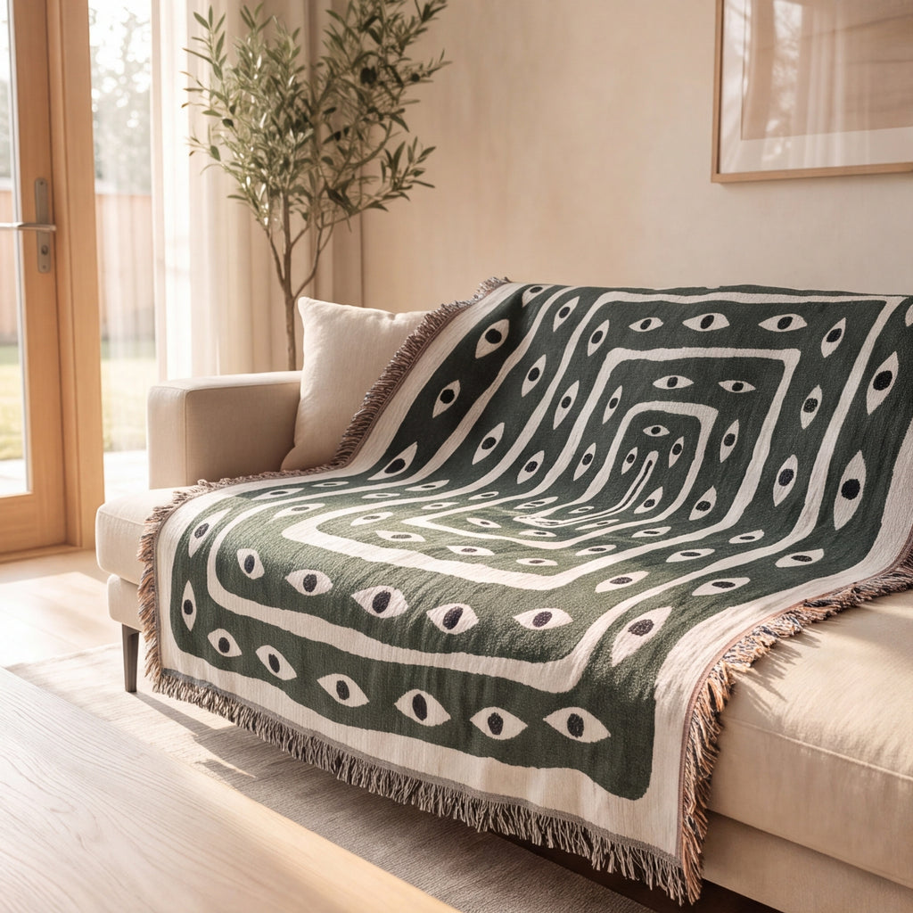 The Labyrinth Throw spread across a cream sofa in a bright, minimal living room