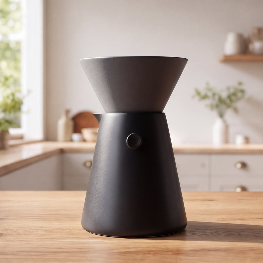 The Pour-Over Set, a matte black ceramic dripper sitting on its matching carafe on a wood counter in a bright kitchen