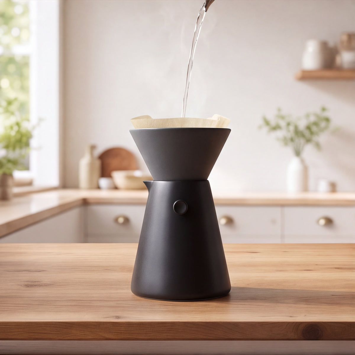 Pouring water into The Pour-Over Set dripper on its carafe on a wood kitchen counter