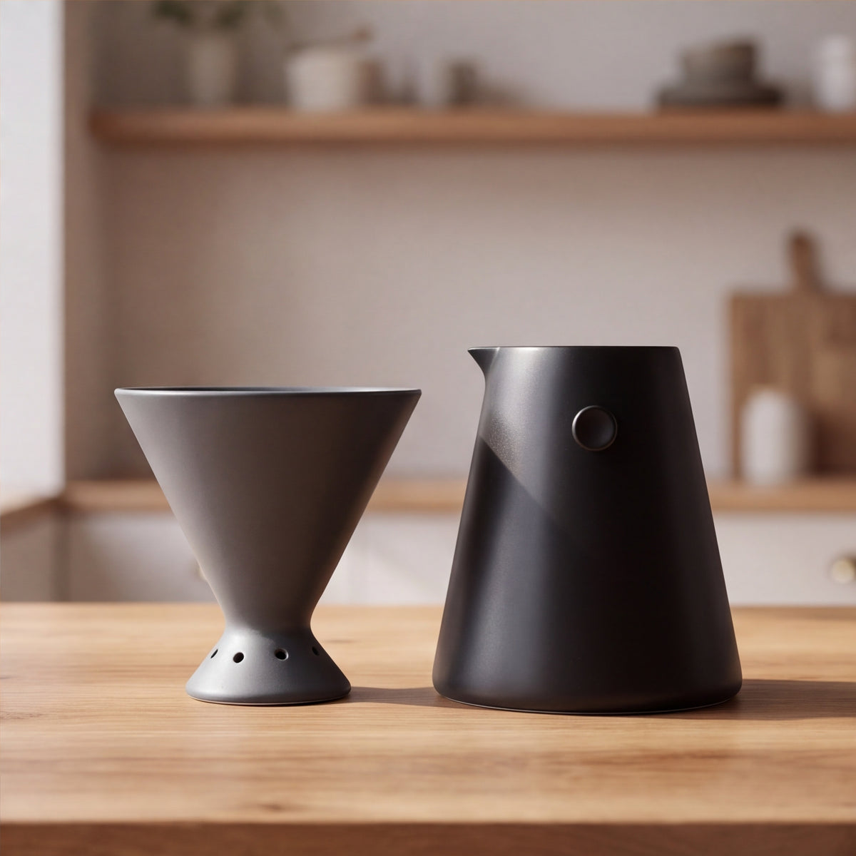 The black ceramic dripper and carafe from The Pour-Over Set side by side on a wood counter