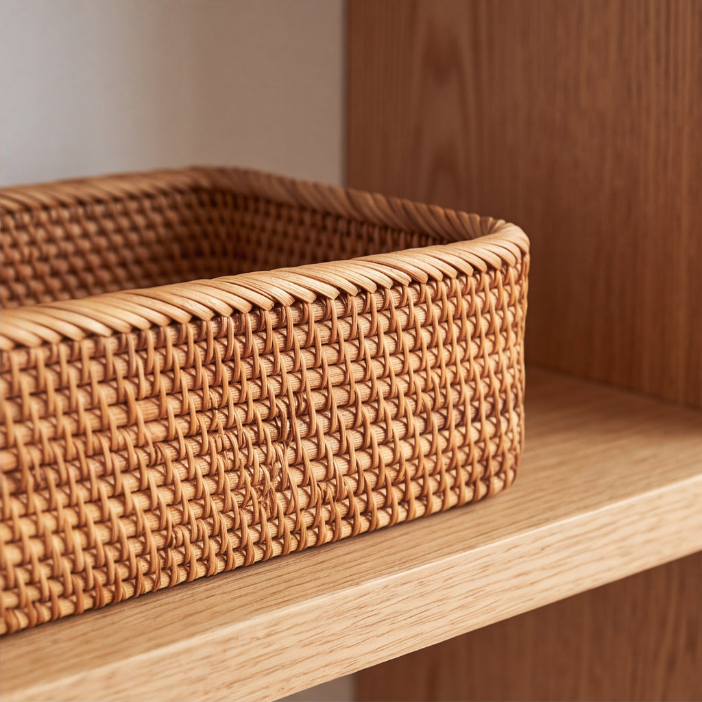 Rattan tray styled on a counter