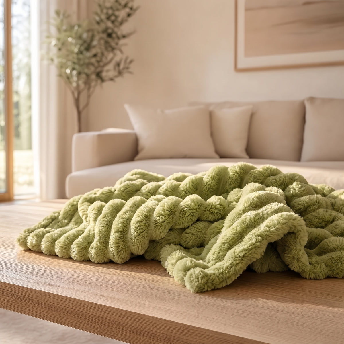 The Burrow Throw in Matcha, a yellow-green ribbed faux fur blanket draped on a wood coffee table