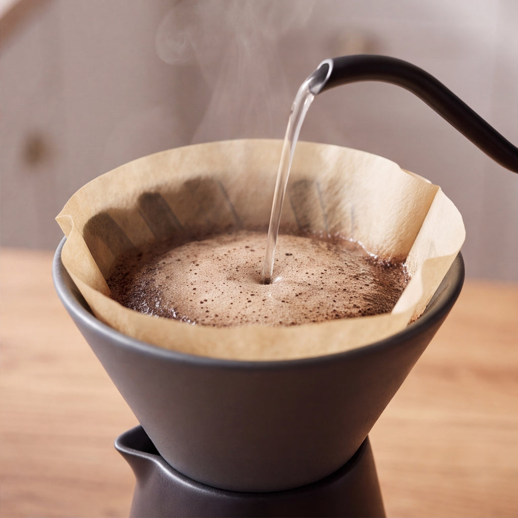 Hot water poured from a gooseneck kettle over coffee grounds in a paper filter inside the black ceramic dripper
