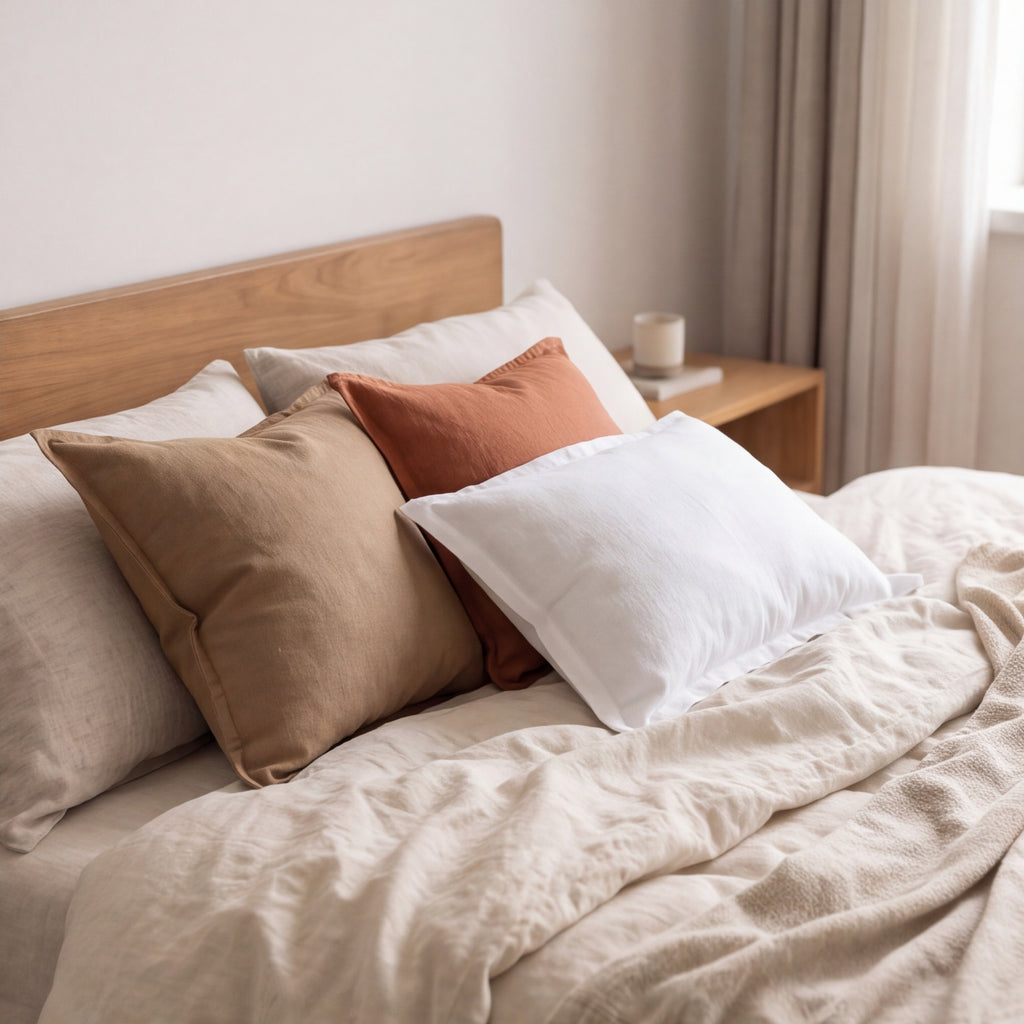 Coffee, Terracotta and White linen-cotton pillow covers on a bed in a calm, neutral bedroom