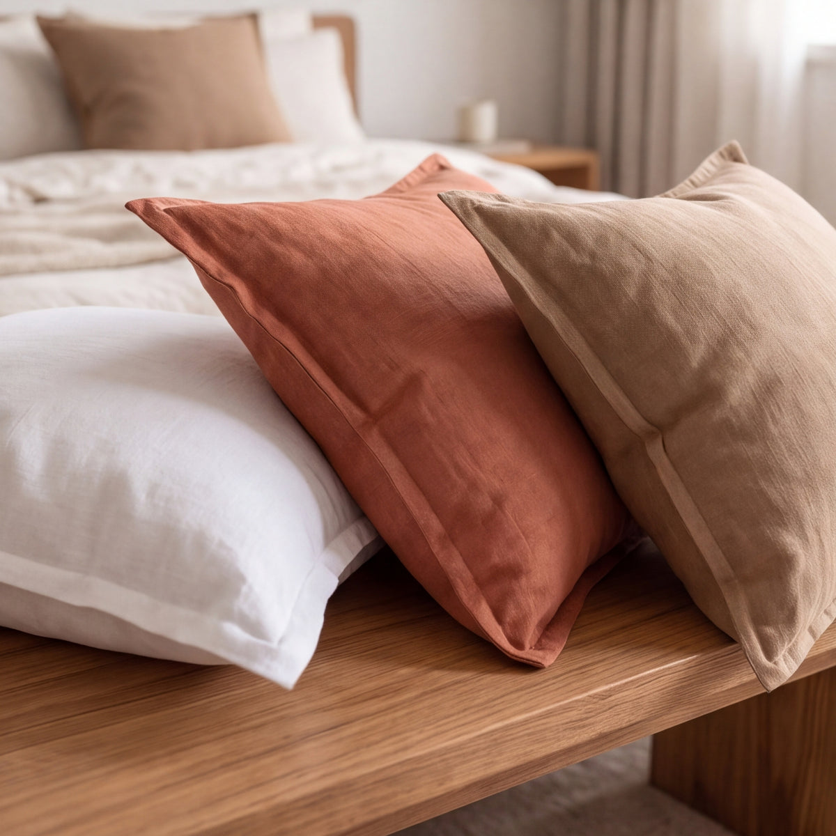 Linen-cotton pillow covers in White, Terracotta and Coffee resting on a wood bench at the foot of a bed