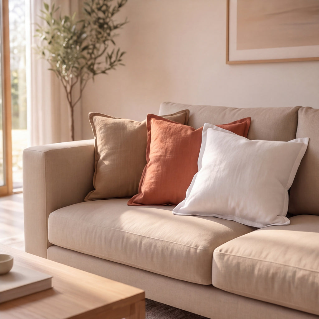 The Linen Cover pillow covers in Coffee, Terracotta and White on a cream sofa in a bright, minimal living room
