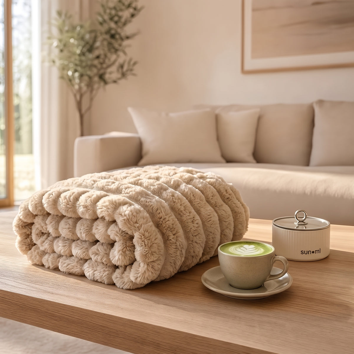 The Burrow Throw in Mushroom, a warm tan ribbed faux fur blanket folded beside a cup of coffee on a wood table