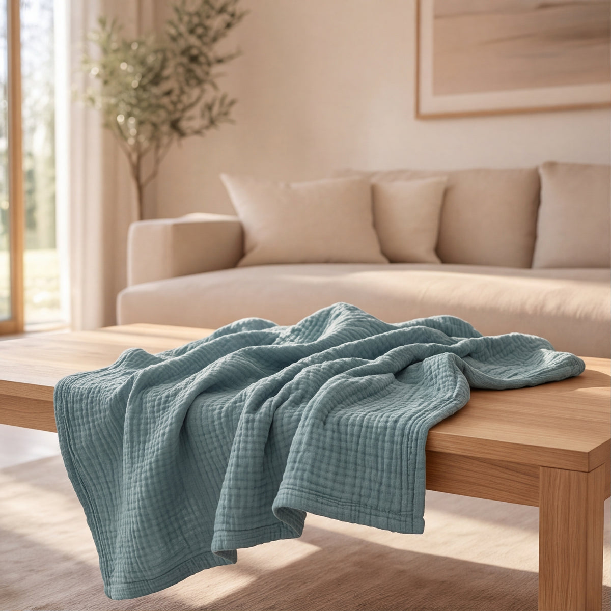 The Gauze Blanket in Sea Glass, a soft blue-green cotton muslin blanket draped over a wood bench in a bright living room