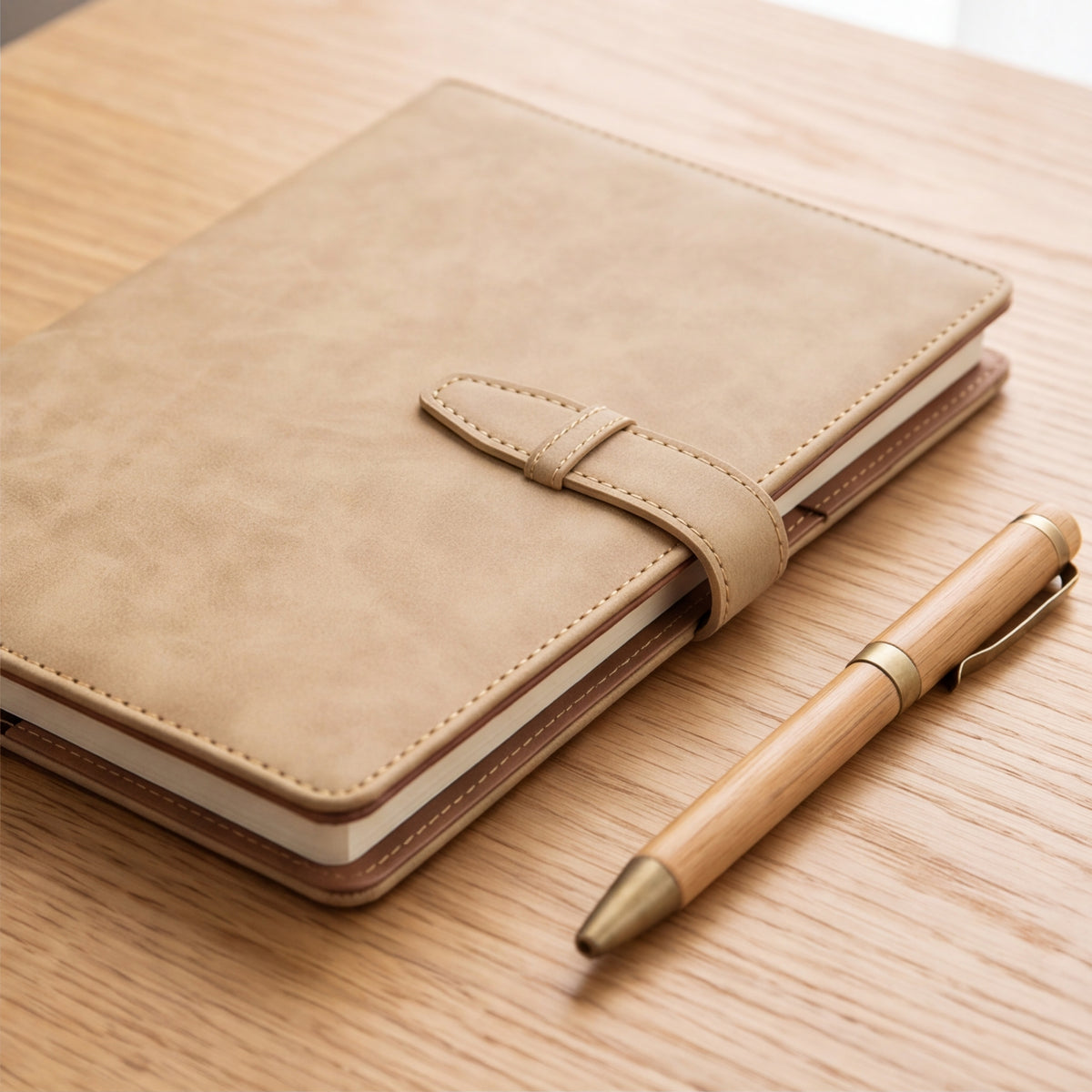 The Morning Pages journal in Beige, a soft tan faux leather cover with strap closure, shown with a bamboo pen