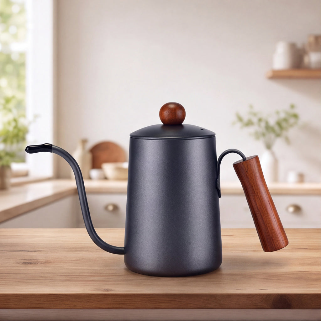 The Pour Kettle, a matte black gooseneck kettle with wooden handle and lid knob, on a wooden kitchen counter